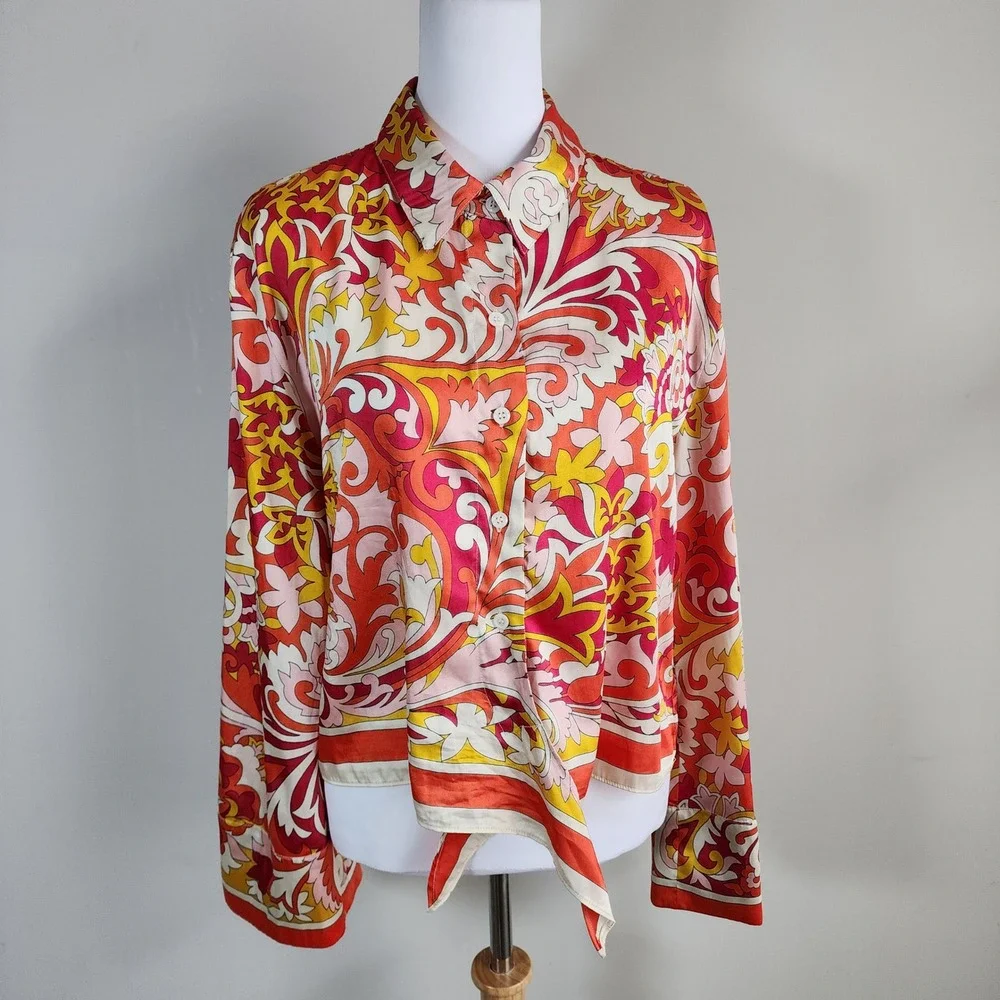 Zara Tie Front Blouse Womens XL Psychedelic Retro Floral Boho Festival Orange - Picture 5 of 14